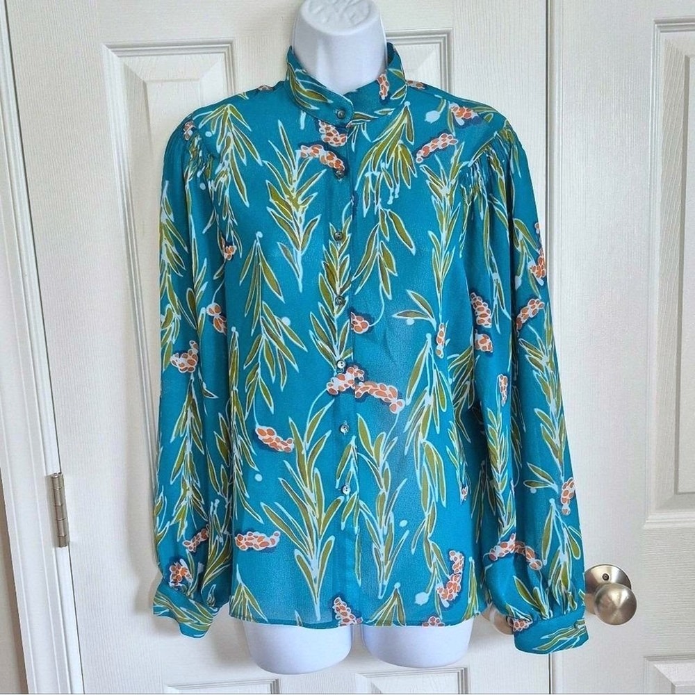 Campus Casuals Vintage 1970s Blue Green Leaf Semi Sheer Button Down Shirt Size 9
